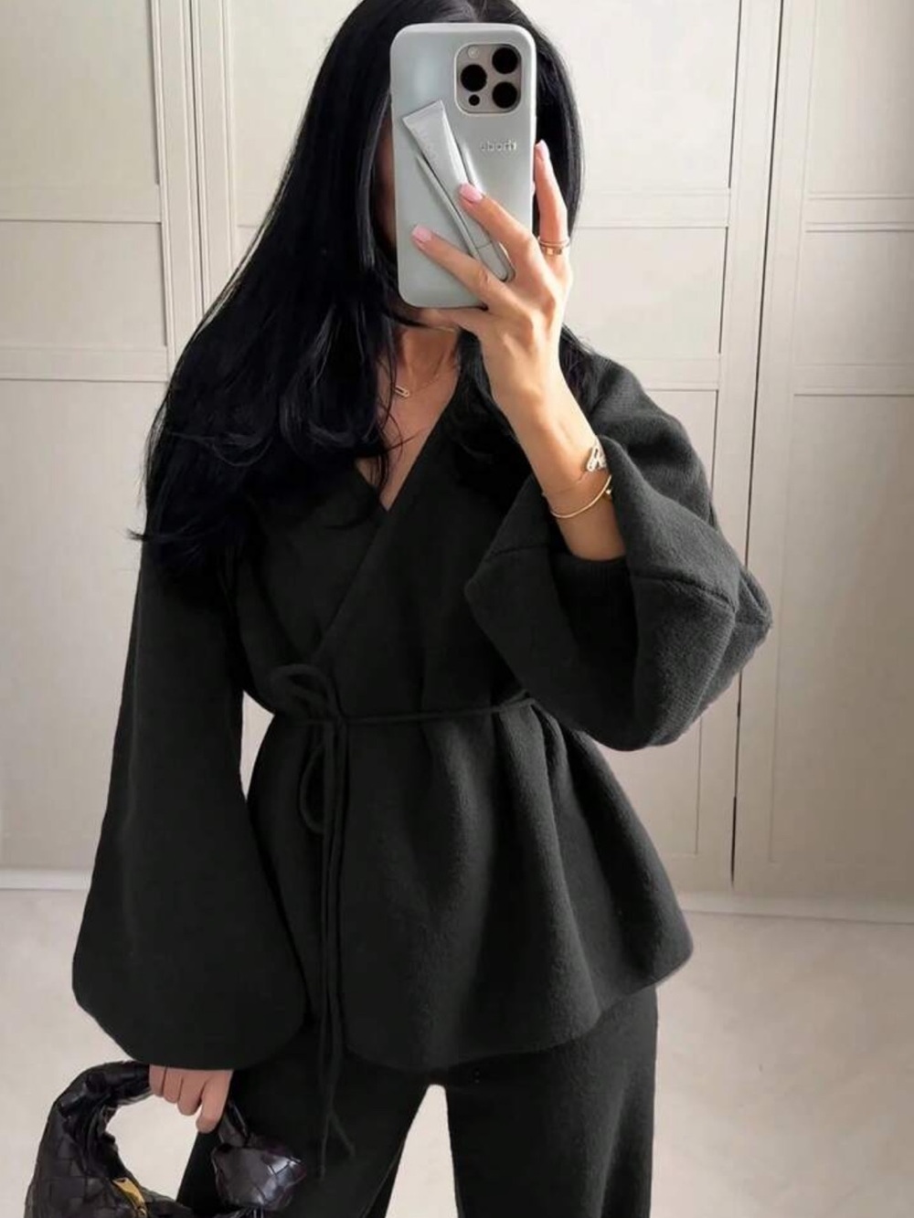 Autumn/Winter New Solid Color Loose Tie Knit Cardigan Casual Black
